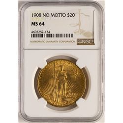 1908 No Motto $20 St. Gaudens Double Eagle Gold Coin NGC MS64