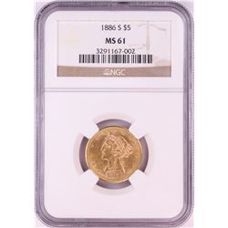 1886-S $5 Liberty Head Half Eagle Gold Coin NGC MS61