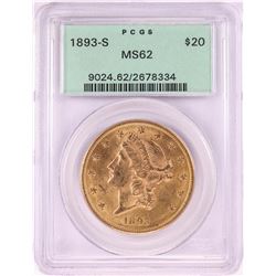 1893-S $20 Liberty Head Double Eagle Gold Coin PCGS MS62 Old Green Holder