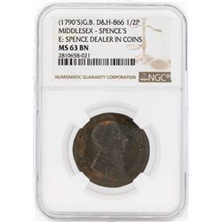 1790's Great Britain 1/2 Penny Middlesex Spences NGC MS63BN