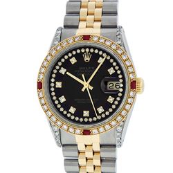 Rolex Men's Two Tone Steel & Gold Black String Diamond & Ruby Datejust Wristwatch