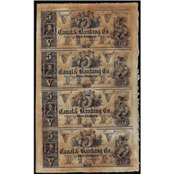 Uncut Sheet of (4) 1800's $5 Canal & Banking Co. New Orleans, Louisiana Obsolete Notes