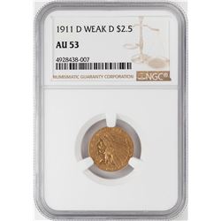 1911-D Weak D $2 1/2 Indian Head Quarter Eagle Gold Coin NGC AU53