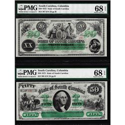 Low Serial Set 1872 $20 & $50 South Carolina Obsolete Notes PMG Superb Gem Unc. 68EPQ