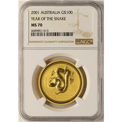 2001 Australia $100 Year of the Snake Gold Coin NGC MS70