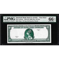 1929 10 Unit American Bank Note Co. "Test Note" PMG Gem Uncirculated 66EPQ