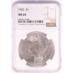 1922 $1 Peace Silver Dollar Coin NGC MS64