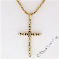 18kt Yellow Gold 0.40 ctw Round and Baguette Diamond Cross Pendant Necklace