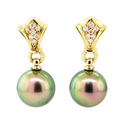 0.15 ctw Diamond and Pearl Earrings - 18KT Yellow Gold