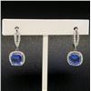 Image 2 : 14k White Gold 4.15 ctw Cushion Tanzanite Dangle Earrings w/ Pave Diamond Halos
