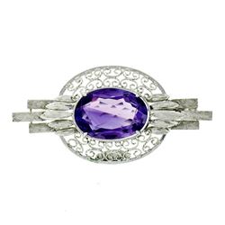 Vintage 10kt White Gold 10.53 ctw Oval Amethyst Etched Filigree Brooch