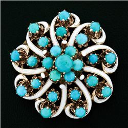 Antique 14kt Rose Gold Round Turquoise and White Enamel Swirl Flower Brooch