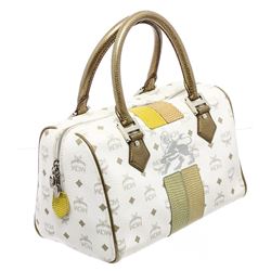 MCM Gold & White Visetos Coated Canvas Leather Boston Bag