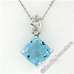 14kt White Gold 4.12 ctw Cushion Aquamarine & Marquise Diamond Dangle Pendant