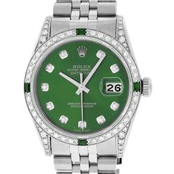 Rolex Mens Stainless Steel Diamond Lugs Green Diamond & Emerald Datejust