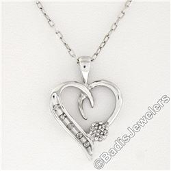 10kt White Gold Pave Set Single Cut Diamond Open Heart Flower Cluster Pendant Ne