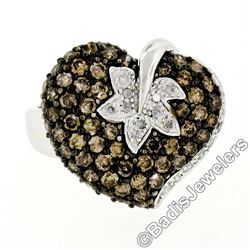 10kt White Gold 3.10 ctw Brown and White Diamond Leaf Heart Cluster Ring