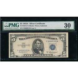 1953A $5 Low Serial Silver Certificate PMG 30