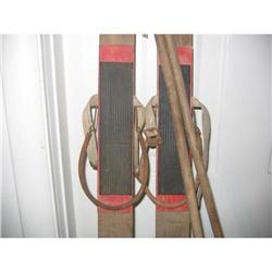 Antique Child's WOODEN SKIS & POLES-Peters #1274220