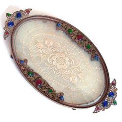 Brass, Lace and Glass Jeweled Dresser Tray #1274385