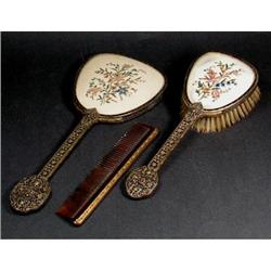 Emroidered on Silk and Brass Dresser Set #1274426