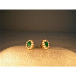 Estate 24K 22K Gold Emerald Seed Pearl Earrings#1323095