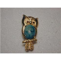 Estate 14K YG Ruby Seed Pearl Turquoise Owl Pin#1323106