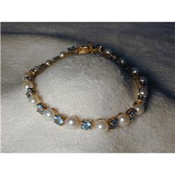 Estate 14K Blue Topaz Cultured Pearl Bracelet #1323117