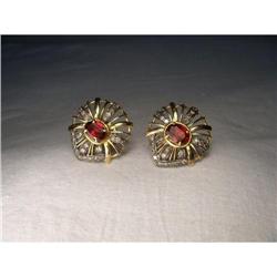 Estate 18K YG Filigree Diamond Garnet Earrings #1323122