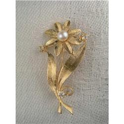 Estate 14K YG Gold Seed Pearl Diamond Brooch #1323134