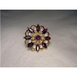 14K 10K YG Amethyst Seed Pearl Filigree Brooch #1323148