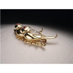 Estate 14K YG Ruby Diamond Lovebirds Brooch #1323161