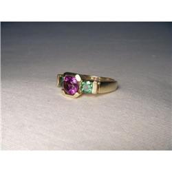 Estate 14K YG Amethyst Emerald Tri-Stone Ring #1323164