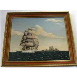 Antique Ship Painting Signed George Elkhorn #1323207