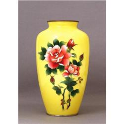 Lg Old Japanese Yellow Cloisonne Vase w Rose #1323309