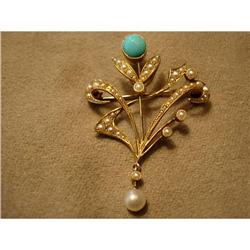 Art Nouveau Turquoise Pearl Yellow Gold Brooch #1323401