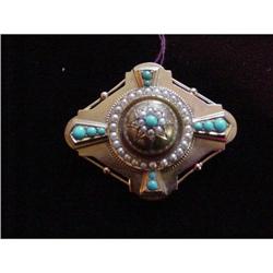 English Turquoise, Pearl & YG Brooch #1323551