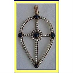 FRENCH Y GOLD PENDANT CROSS PEARLS SAPPHIRES #1323804