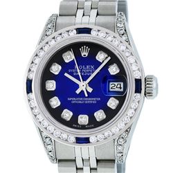 Rolex Ladies Stainless Steel Blue Vignette Diamond Lugs & Sapphire Datejust Wris