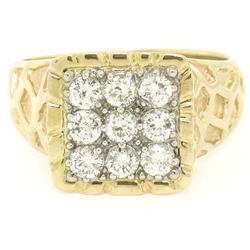 Mens 14K Two Tone Gold Nugget Design .90 ctw Round BRILLIANT Diamond Cluster Rin