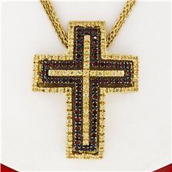 18K Gold 2.04 ctw Fine Yellow Sapphire & Garnet  Slide Cross Pendant & Chain