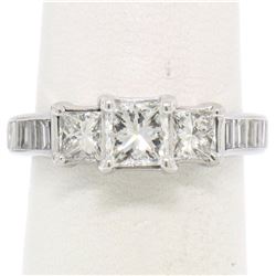 14k White Gold 1.45 ctw 3 Princess Diamond Engagement Ring w/ Baguette Accents