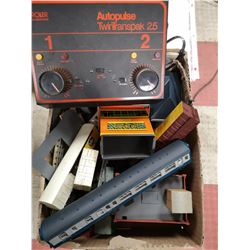 BOX FULL OF VINTAGE ENGLISH TRAIN CARS AND