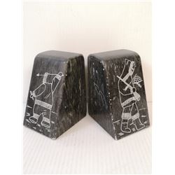 PAIR OF SIGNED SOAPSTONE BOOKENDS. ESTATE