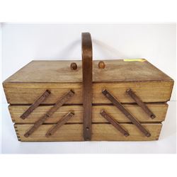 ANTIQUE ACCORDION SEWING BOX WITH CONTENTS. ESTATE
