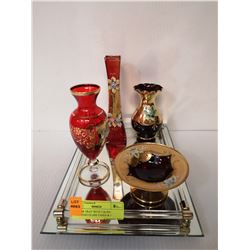 MIRROR TRAY WITH 3 RUBY VENETIAN GLASS VASES & 1
