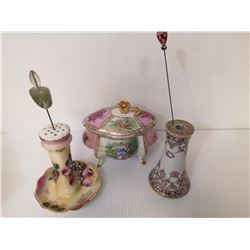 2 HAND PAINTED CHINA NIPPON HAT PIN HOLDERS WITH