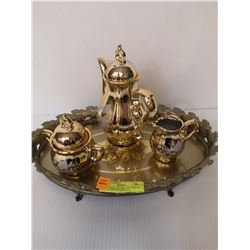 GOLD TONE CERAMIC TEA POT/ W CREAM AND SUGAR SOLD