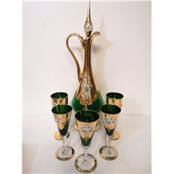 VENETIAN GLASS GREEN DECANTER WITH 5 HAND PAINTED
