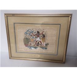 18 X 24 FRAMED AND SIGNED EGYPTIAN ART ON CLOTH